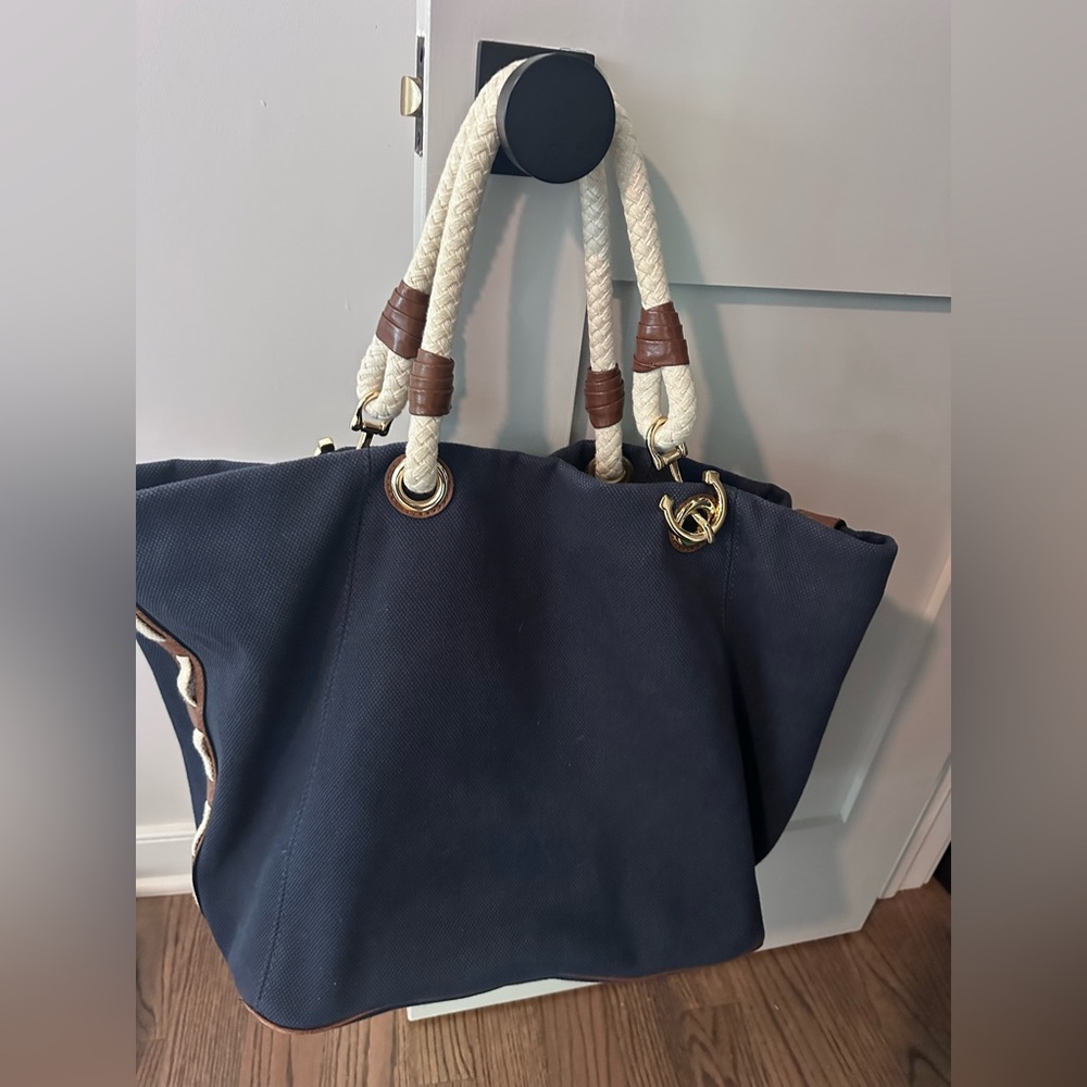 Michael Kors Navy Blue Canvas Leather Trim Tote Bag NWT - Picture 6 of 6